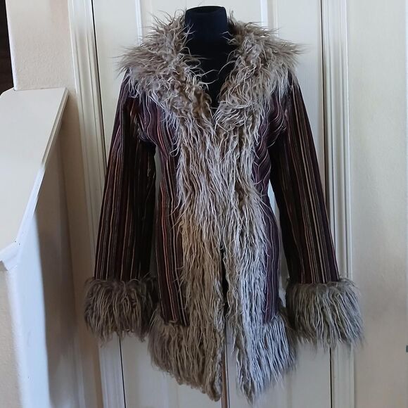 Jackets & Blazers - Y2K 90s Vintage Taunt Penny Lane Striped Corduroy Coat Shaggy Faux Fur Trim L